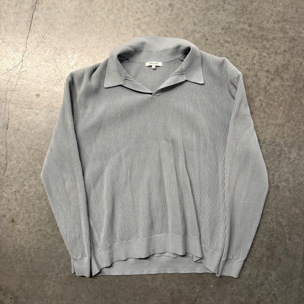 Madewell Mens Ribbed Long Sleeve Polo Sweater Blue Gray Size M V-Neck Knit